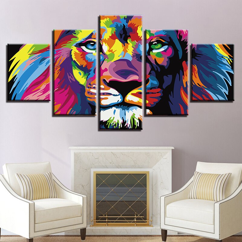 CHENISTORY Frameless 5 Panels Colorful Lion DIY Painting By Numebrs Kits Modern Wall Art Picture Canvas Painting For Living Room