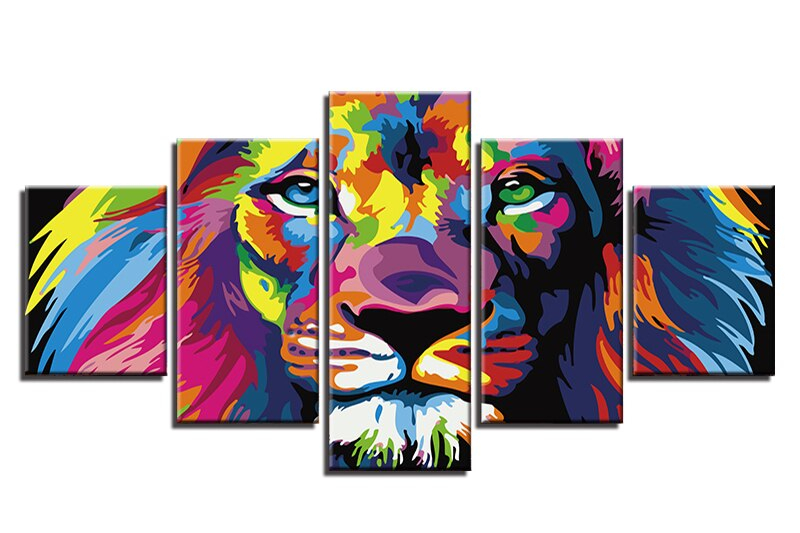 CHENISTORY Frameless 5 Panels Colorful Lion DIY Painting By Numebrs Kits Modern Wall Art Picture Canvas Painting For Living Room