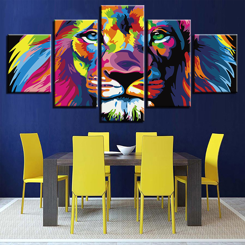 CHENISTORY Frameless 5 Panels Colorful Lion DIY Painting By Numebrs Kits Modern Wall Art Picture Canvas Painting For Living Room
